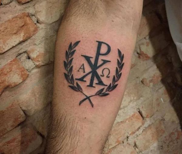 Chi Rho with Laurel wreath on inner forearm