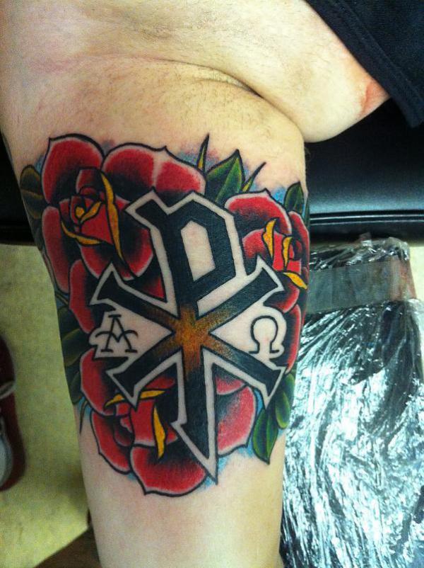 Chi Rho with traditional rose tattoo