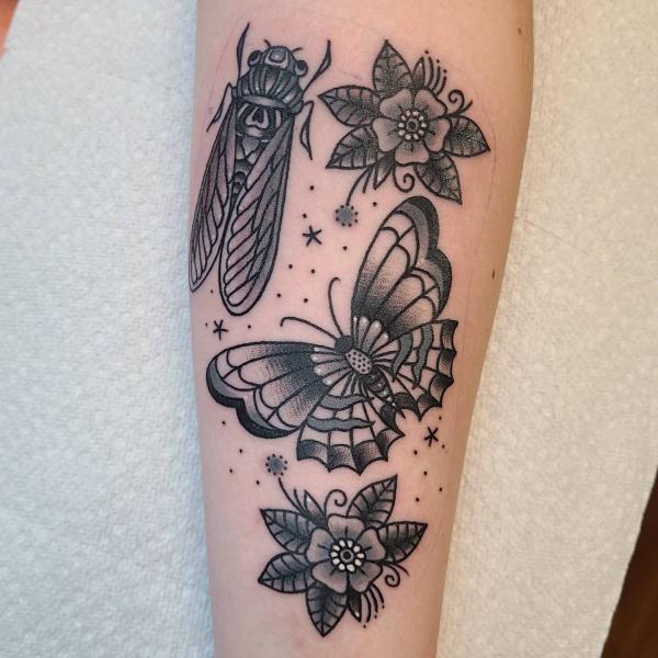 Cicada and butterfly tattoo