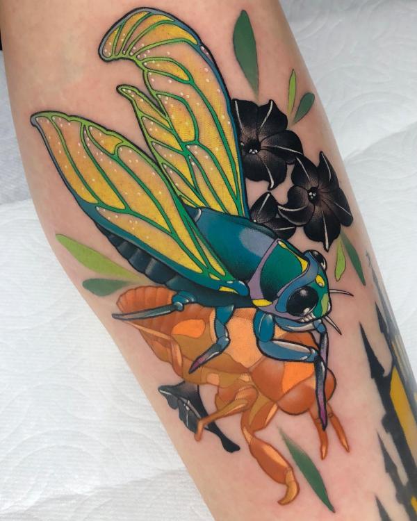 Cicada sheding skin tattoo colorful