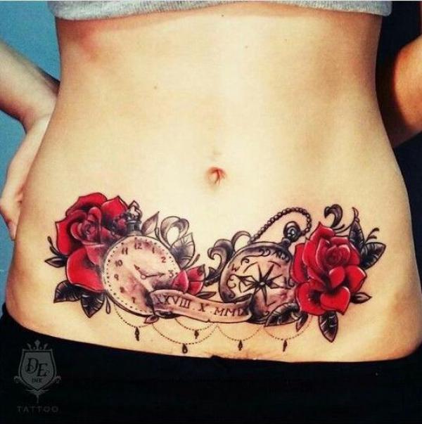 Clock and pocket watch with roses tummy tattoo