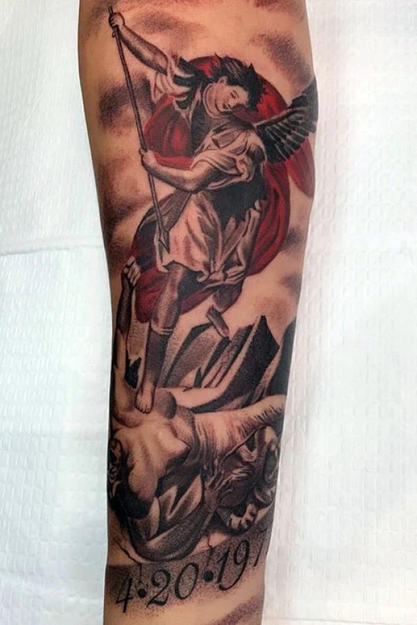 Colored Archangel Michael tattoo with date