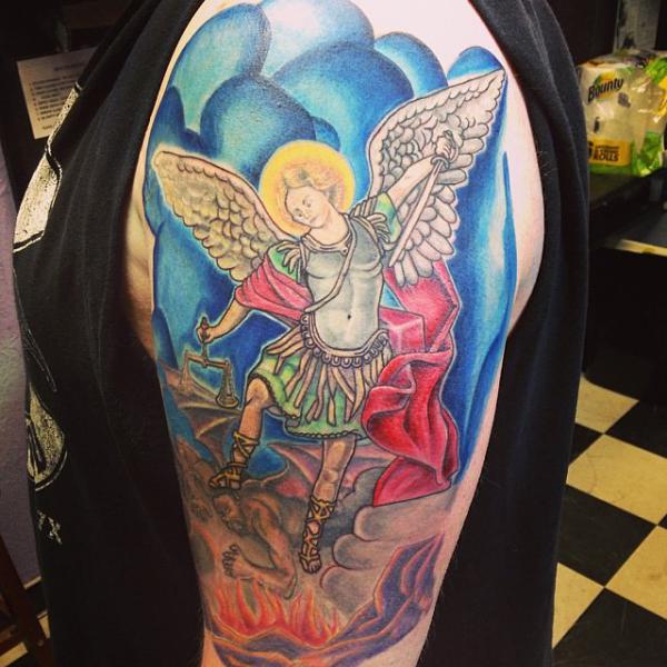 Colored Saint Michael and the Scales of Justice tattoo