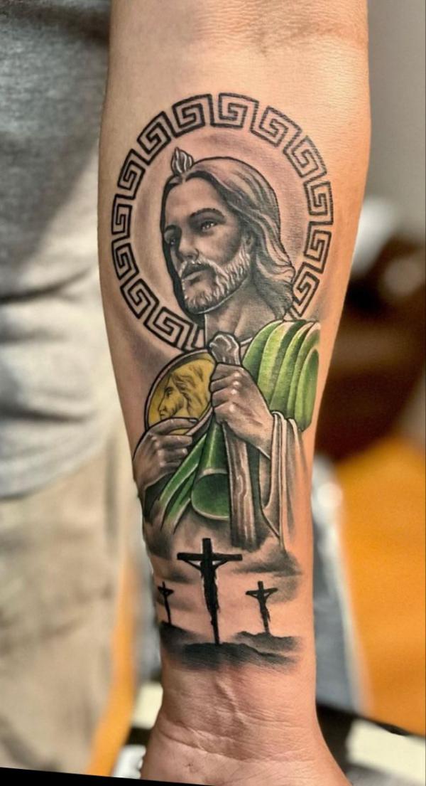 Colored San Judas with Greek Key and cross tattoo