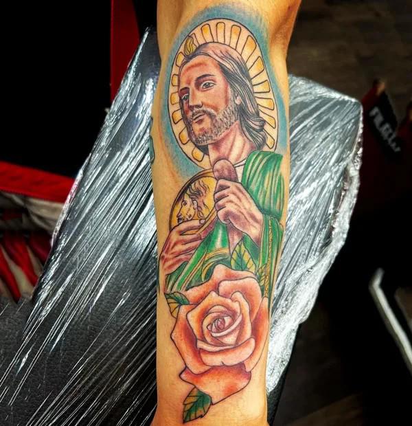 Colored San Judas with rose tattoo