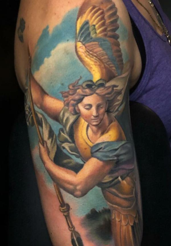 Colored arch angel michael tattoo