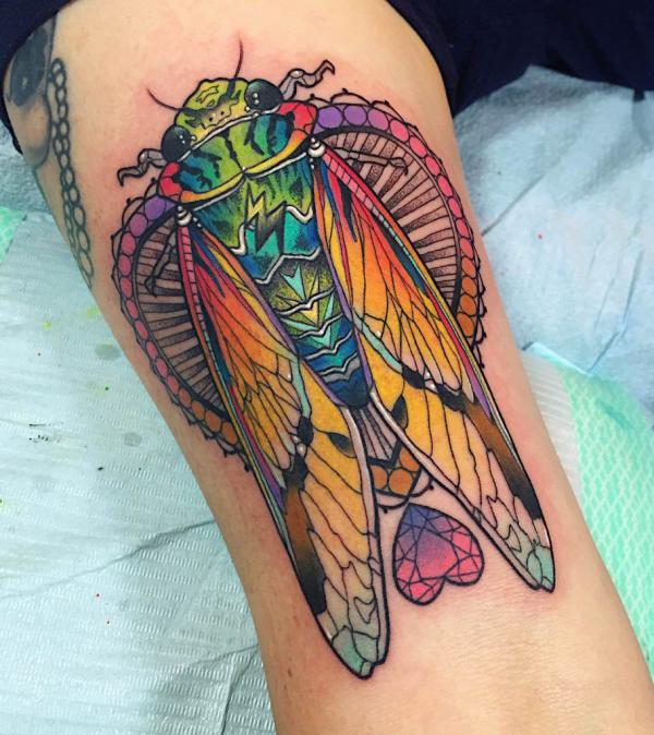 Colored cicada with heart diamond tattoo