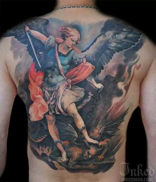 Colorful Archangel Michael fighting the devil full back tattoo