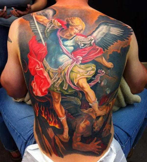 Colorful Saint Michael back tattoo