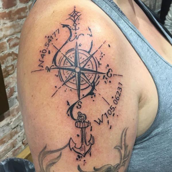 Compass and anchor with coordinates shoulder tattoo