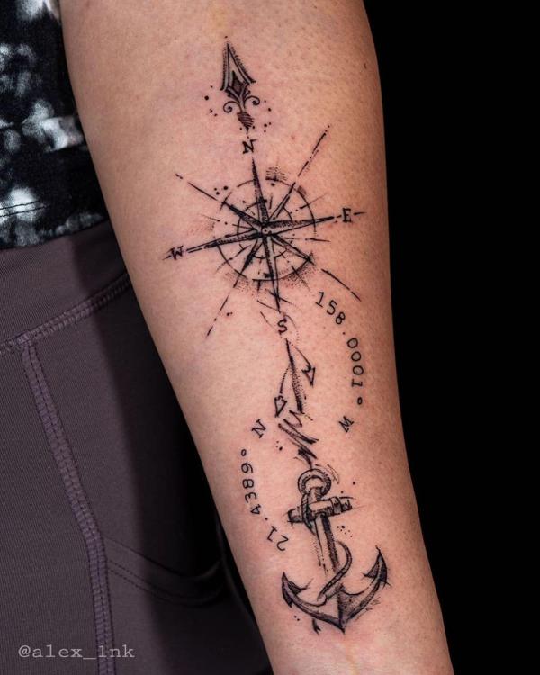 Compass and anchor with coordinates tattoo