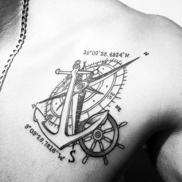 Compass wheel and anchor with coordinates chest tattoo