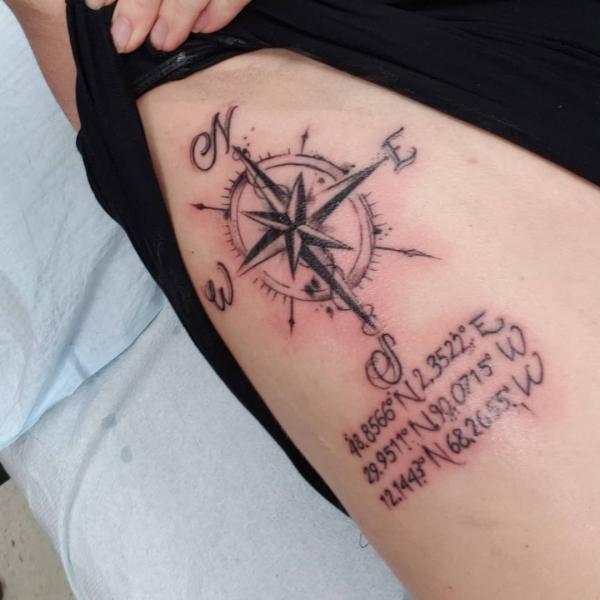 Compass with coordinates side tattoo 1
