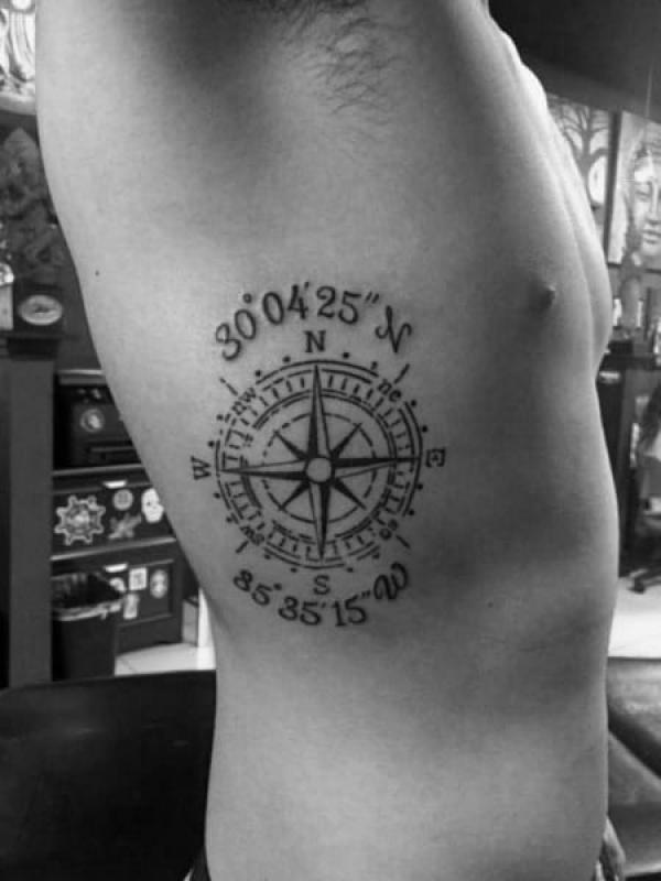 Compass with coordinates side tattoo