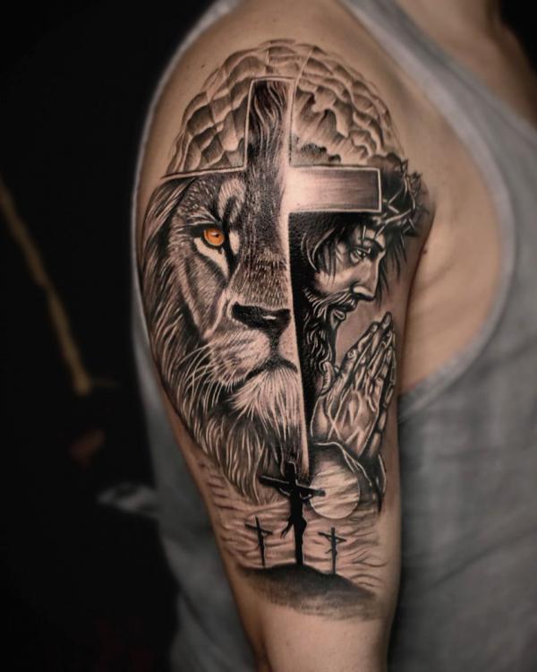 Cross lion and Jesus with praying hands tattoo half sleeve