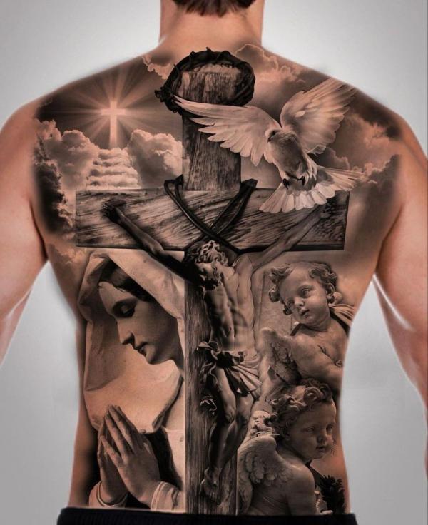 Cross tattoo jesus with Virgin Mary and dove tattoo