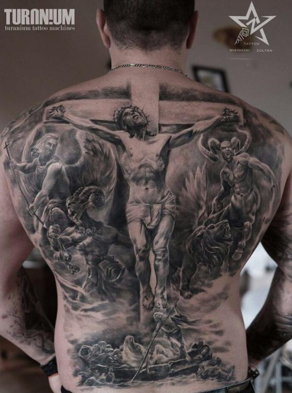 Cross with Jesus full back tattoo