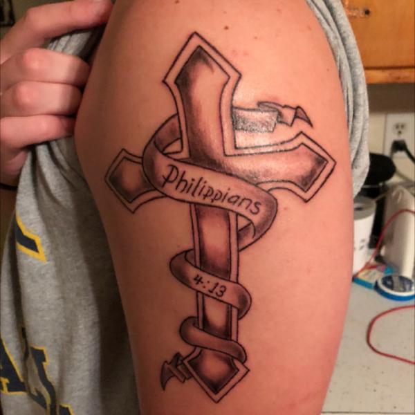 Cross with philippians 4 13 ribbon tattoo