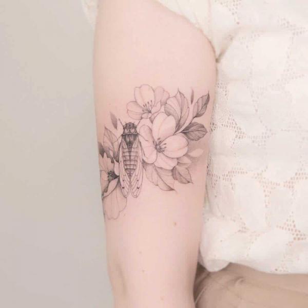 Dainty Cicada and flowers Tattoo