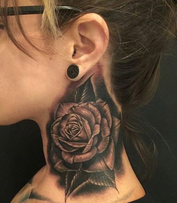 Dark rose neck tattoo for women
