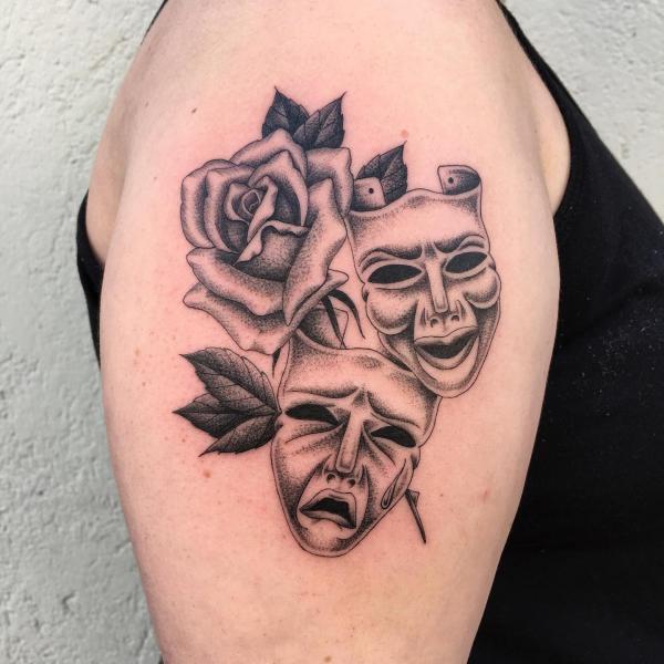 Dotwork Laugh Now Cry Later with rose tattoo