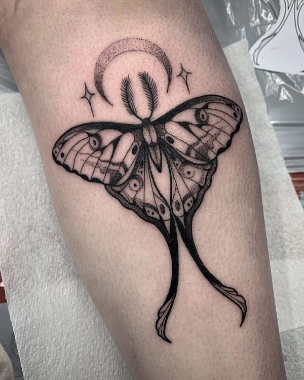 Dotwork luna moth arm tattoo