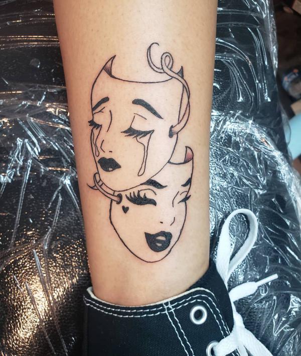 Fine line Laugh Now Cry Later gemini tattoo