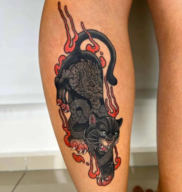 Flaming dragon panther tattoo