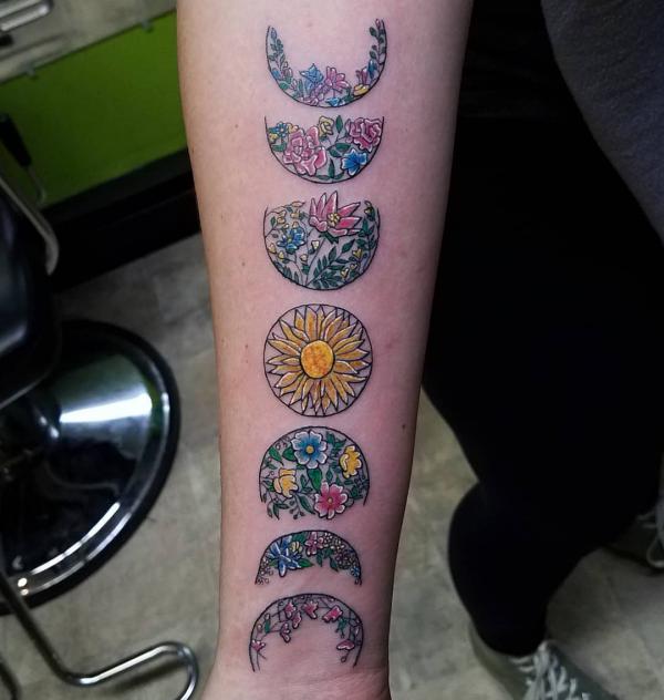 Flower Moon phases inner forearm tattoo