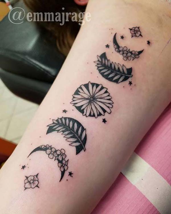 Flower and fern Moon phases tattoo
