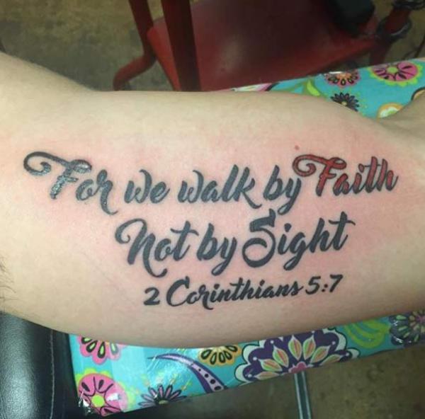 For we walk by faith not by sight 2 corinthians 5 7 tattoo bicep