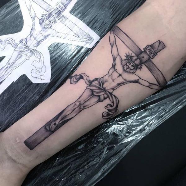 Forearm cross tattoo with jesus