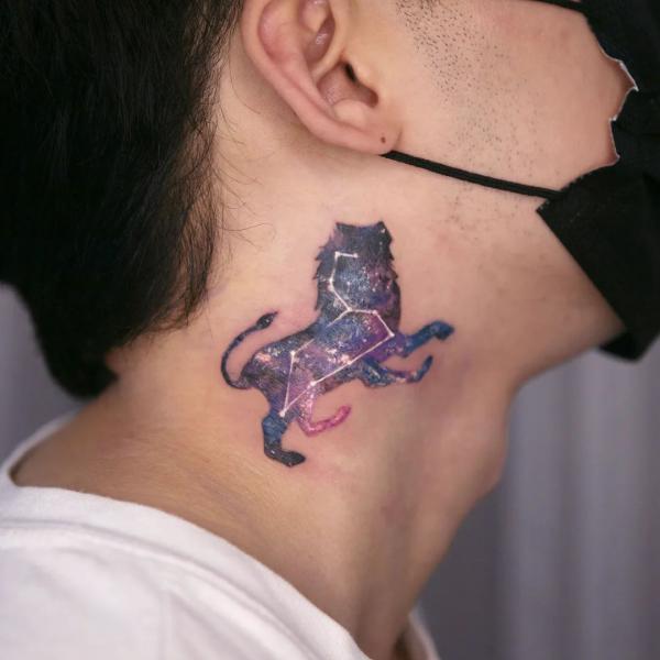 Galaxy lion with Leo constellation tattoo on the side of neck