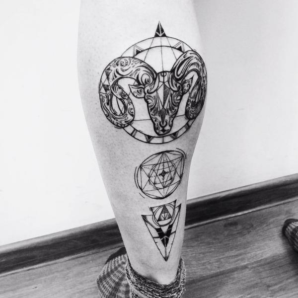 Geometric Aries calf tattoo