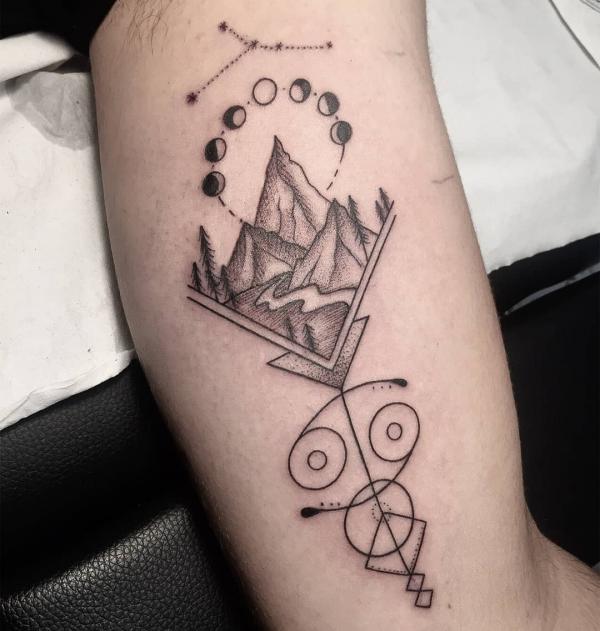 Geometric Cancer Zodiac with moon phases and mountain tattoo
