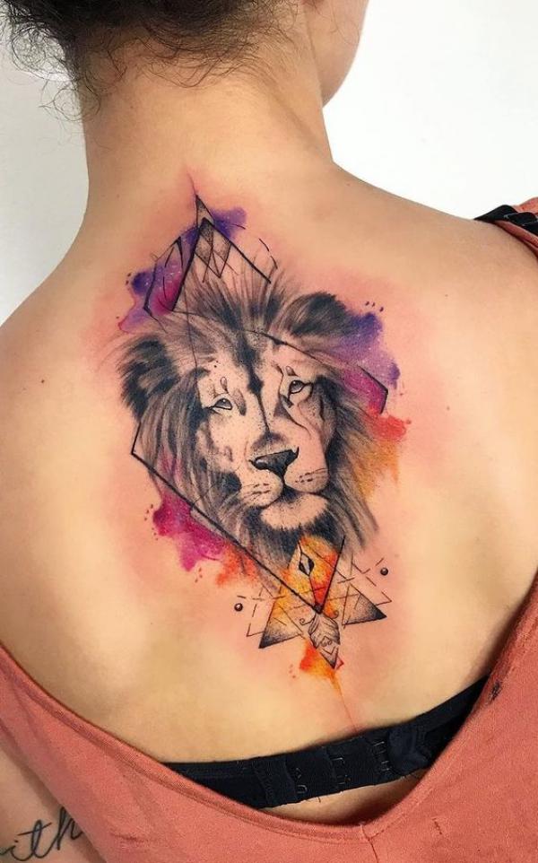 Geometric Leo lion back tattoo
