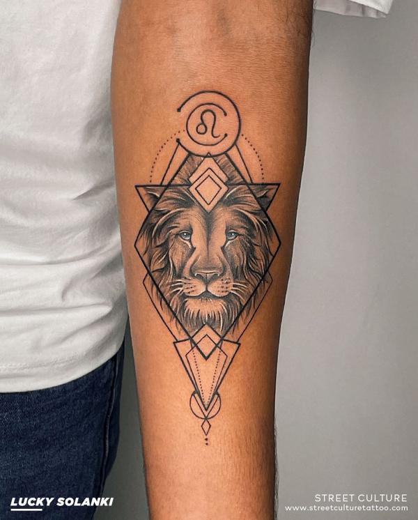 Geometric Leo lion forearm tattoo