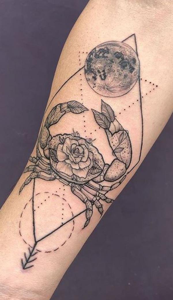 Geometric Zodiac Cancer with moon tattoo