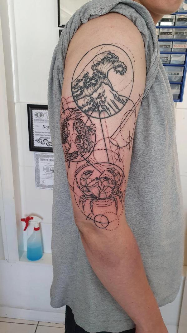 Geometric Zodiac cancer and Pisces with wave tattoo half sleeve