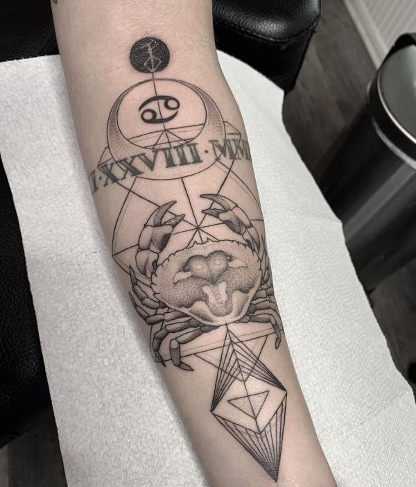 Geometric Zodiac cancer with crescent moon tattoo