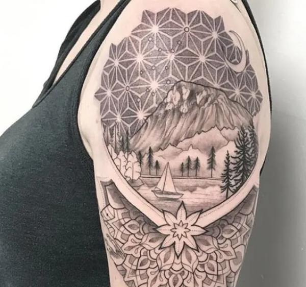 Geometric and mandala landscape with Virdo constellation tattoo