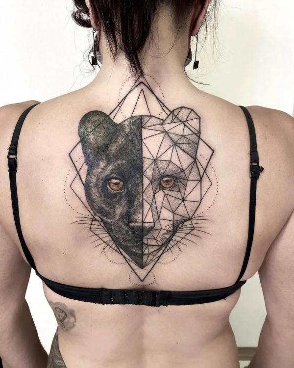 Geometric panther back tattoo