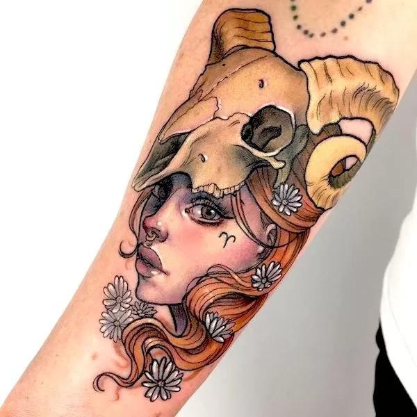 Girl with ram skull headdress and daisy flowers tattoo neo traditional