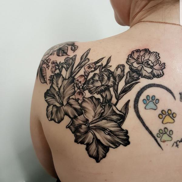 Gladiolus carnation and lily of the valley tattoo black and white