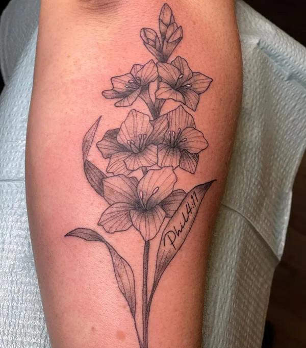 Gladiolus flower tattoo with words Phil 4 11