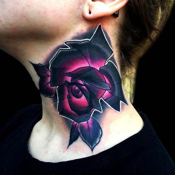 Glowing black rose neck tattoo