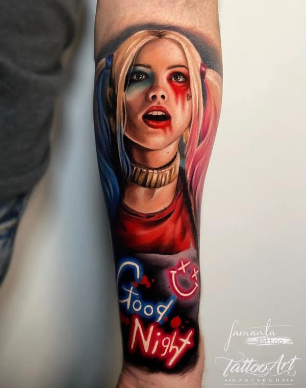 Good Night Harley Quinn forearm tattoo