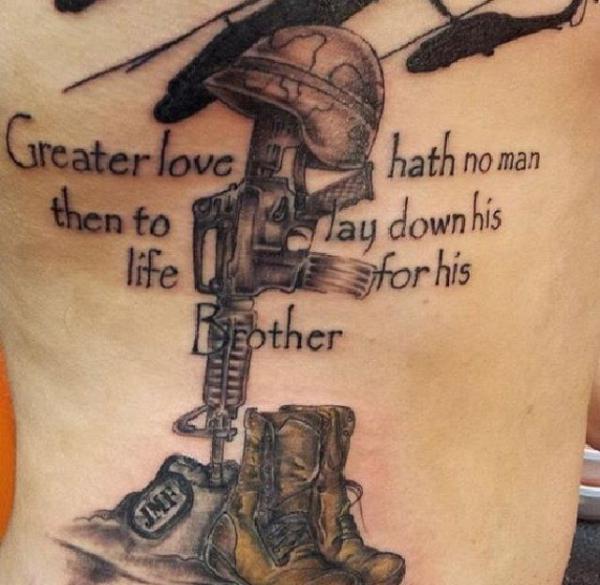 Greater love has no one than this that someone lay down his life for his friends with Fallen soldier memorial John 15 13 tattoo