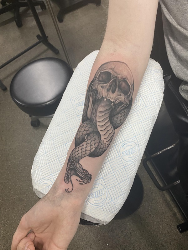 Greyscale realistic death eater forearm tattoo