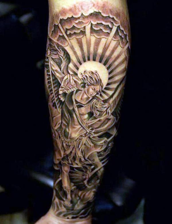 Guardian Saint Michael with halo forearm Tattoo